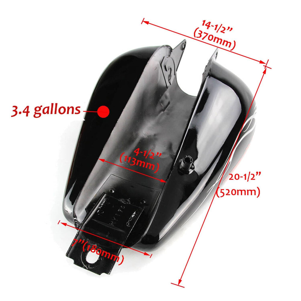 Black motorcycle fuel tank underside view with mounting hardware and fuel opening