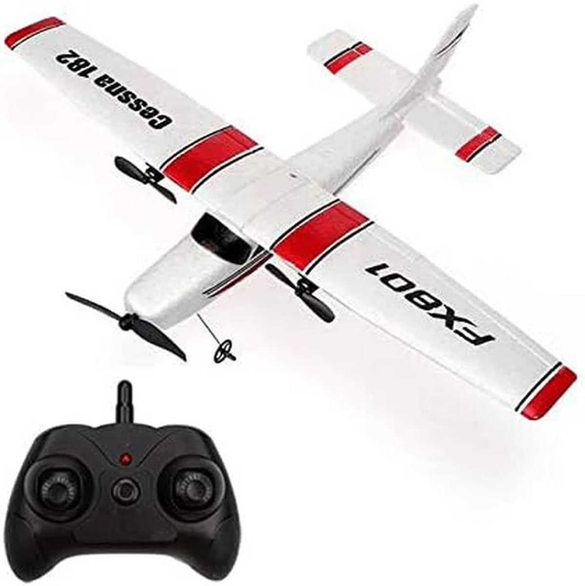 White and red RC airplane with twin propellers and black remote controller
