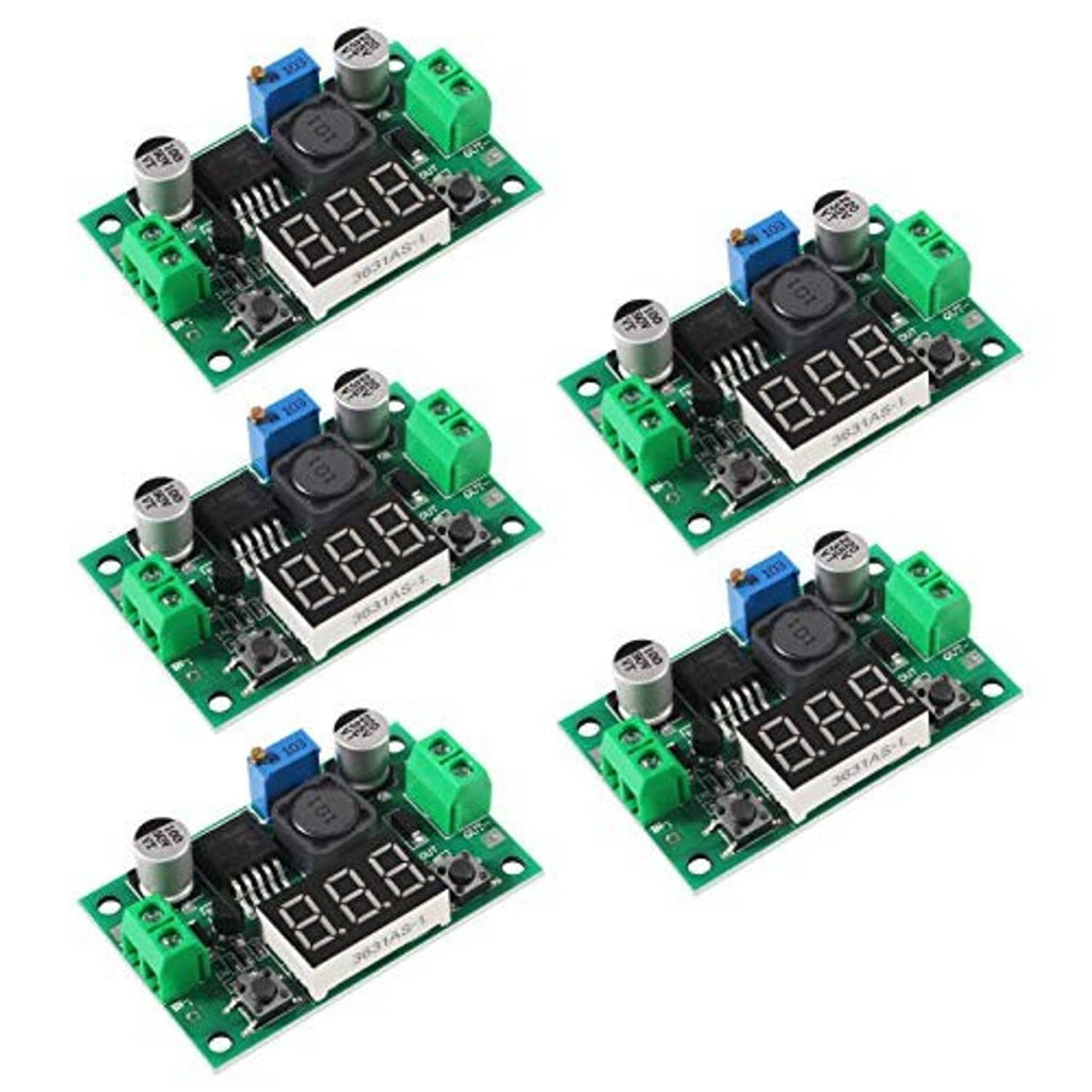 Pack of green LM2596 step-down regulator boards with blue capacitor and volt display