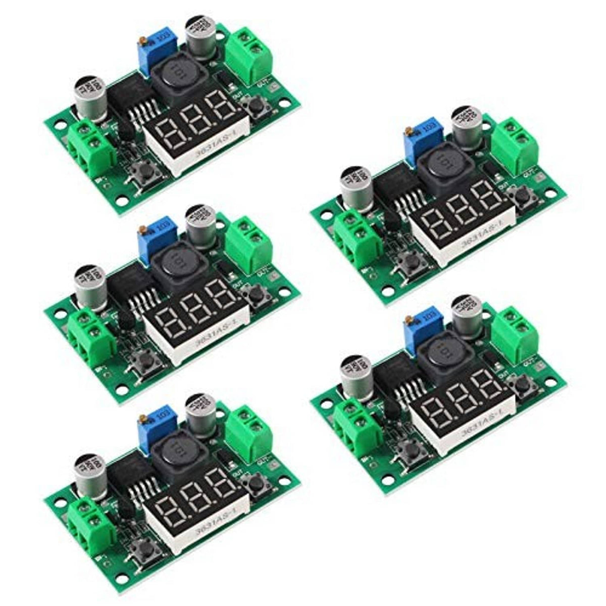 Pack of green LM2596 step-down regulator boards with blue capacitor and volt display