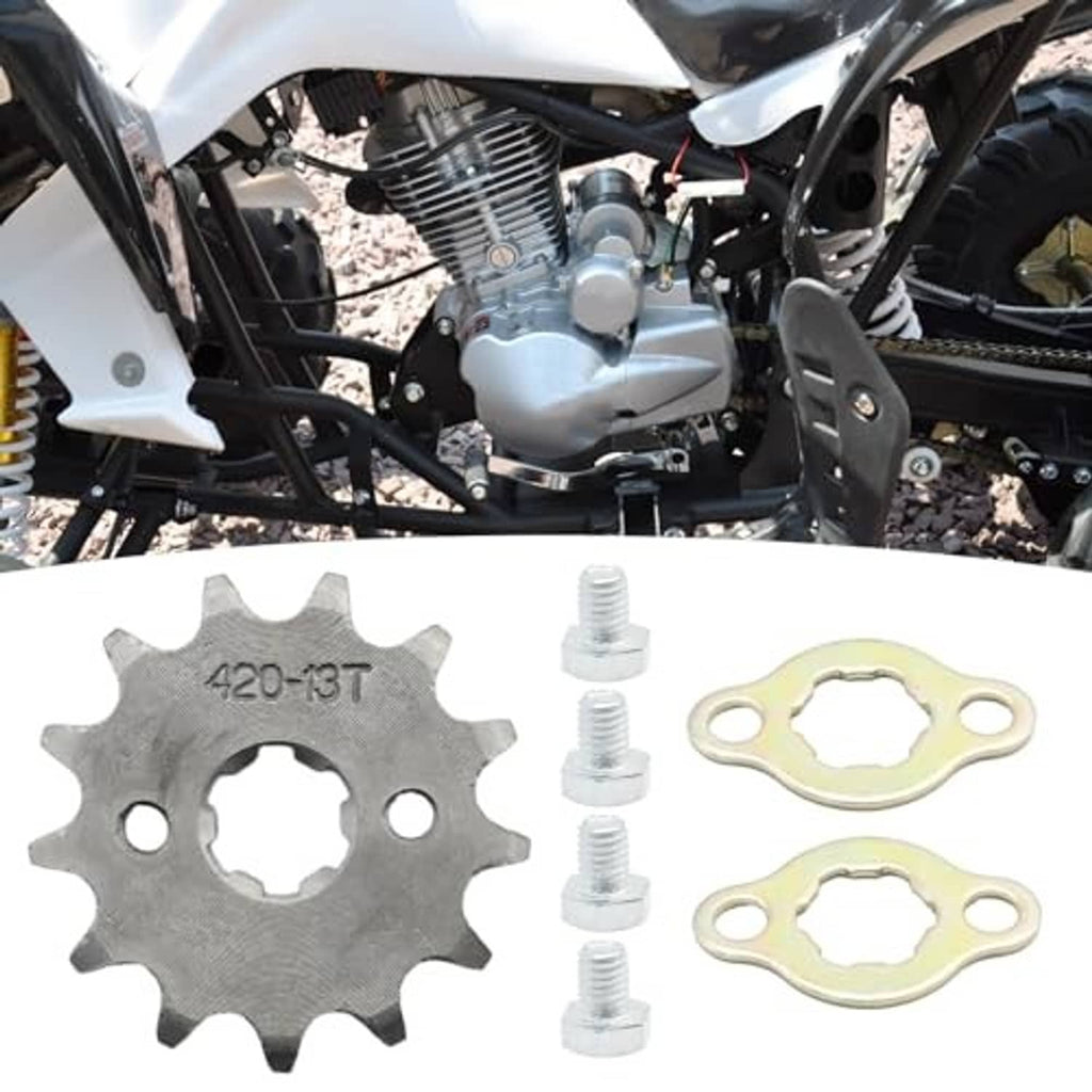 420-13T front sprocket and gasket kit shown with motorcycle engine and mounting bolts