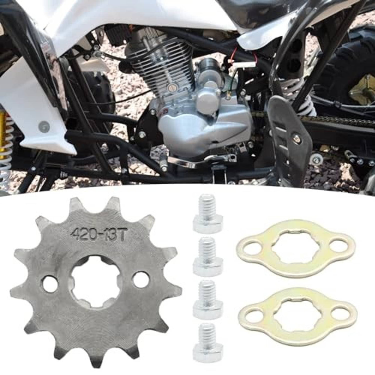 420-13T front sprocket and gasket kit shown with motorcycle engine and mounting bolts