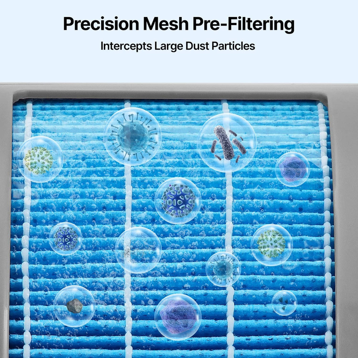 Close-up evaporative humidifier replacement filter with blue mesh pleated media