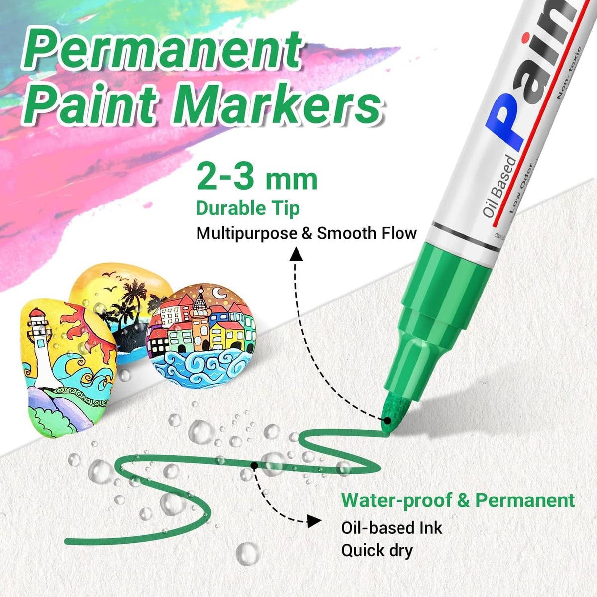 Green oil-based permanent paint marker drawing a line on paper with water droplets