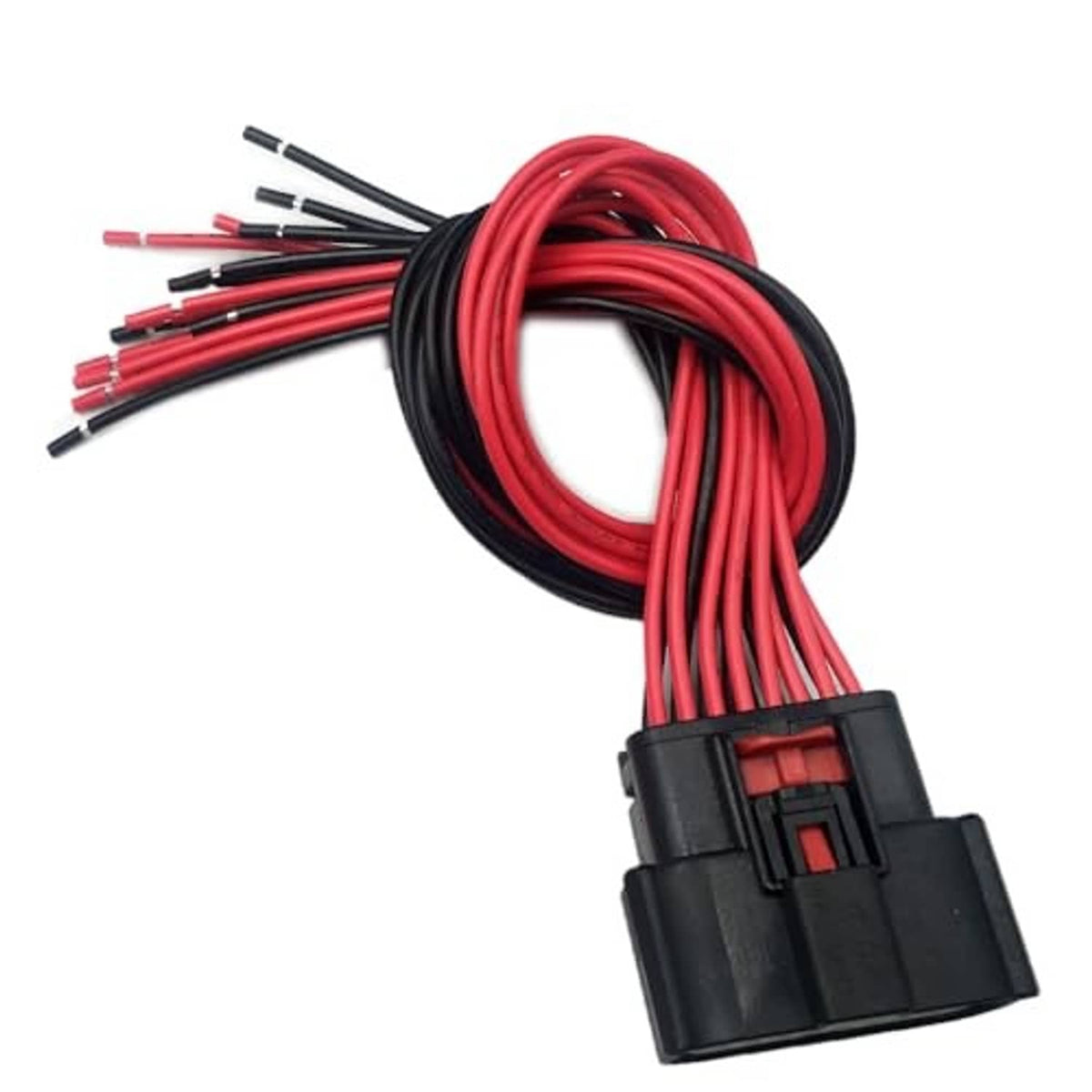16-pin headlight wiring connector with red and black wire bundle and black end housing