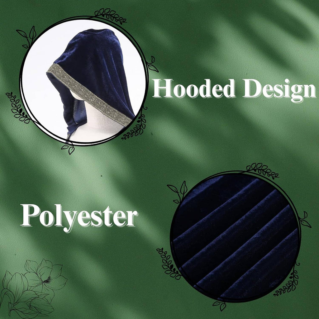 Hooded medieval gown detail graphic showing hooded design and textured navy fabric