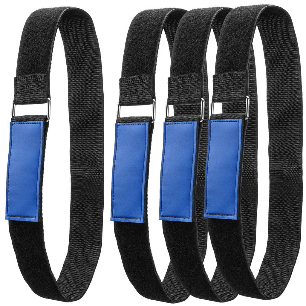 Reusable black ladder rack tie-down straps with blue hook-and-loop patches, 33 in