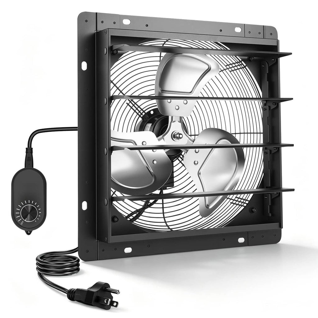 Black wall-mount exhaust fan with speed remote and power cord