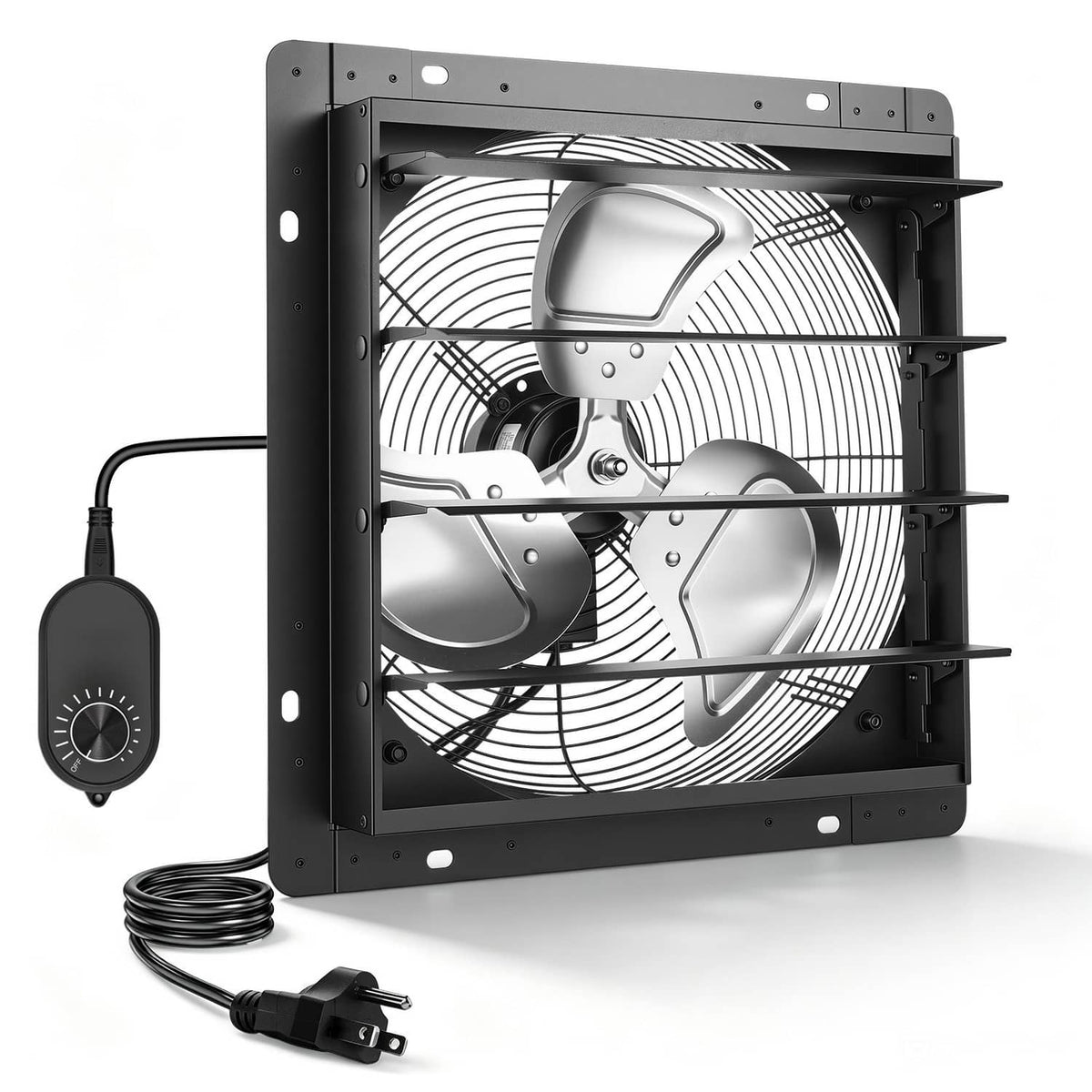 Black wall-mount exhaust fan with speed remote and power cord