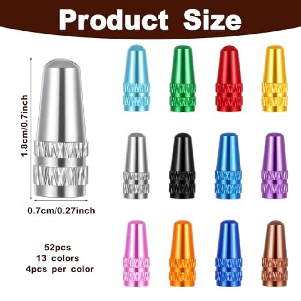 Aluminum Presta valve caps, assorted colors, knurled texture; size diagram shown
