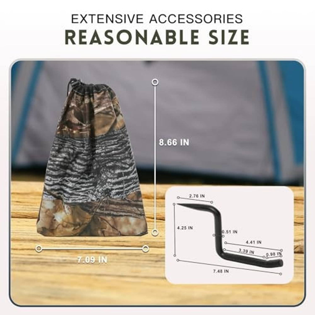 Camo bag and black screw-in climbing step with size diagram measurements