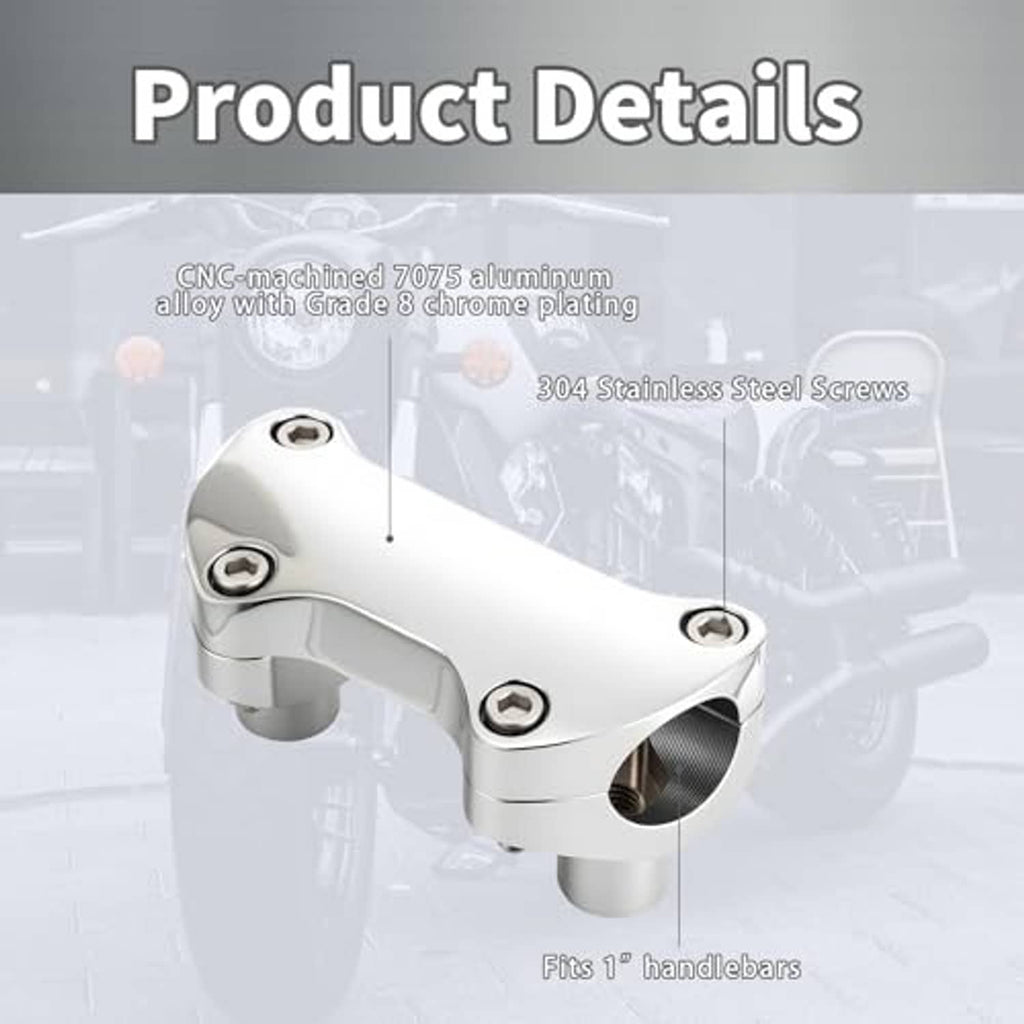 Chrome CNC-machined handlebar riser top clamp with threaded mounting hole