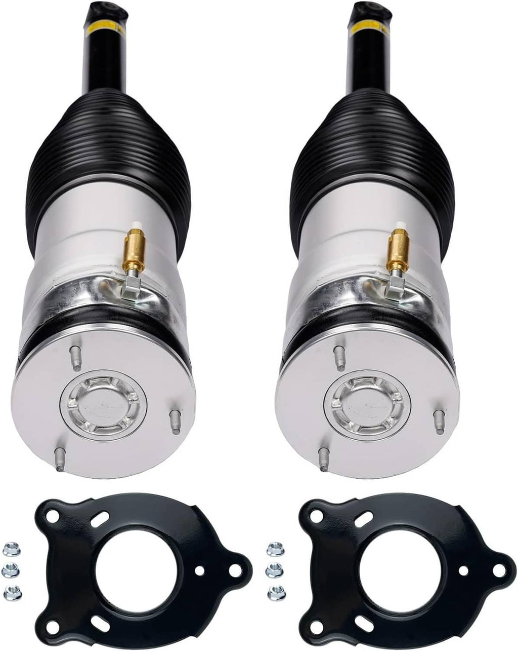 Rear air suspension strut pair with silver cylinders, black bellows, and two black mounting brackets