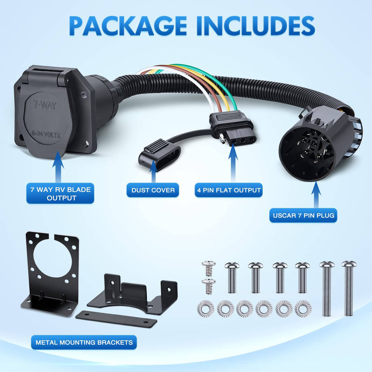 Trailer wiring kit package includes 7-way plug, 4-pin output, dust cover, brackets, hardware