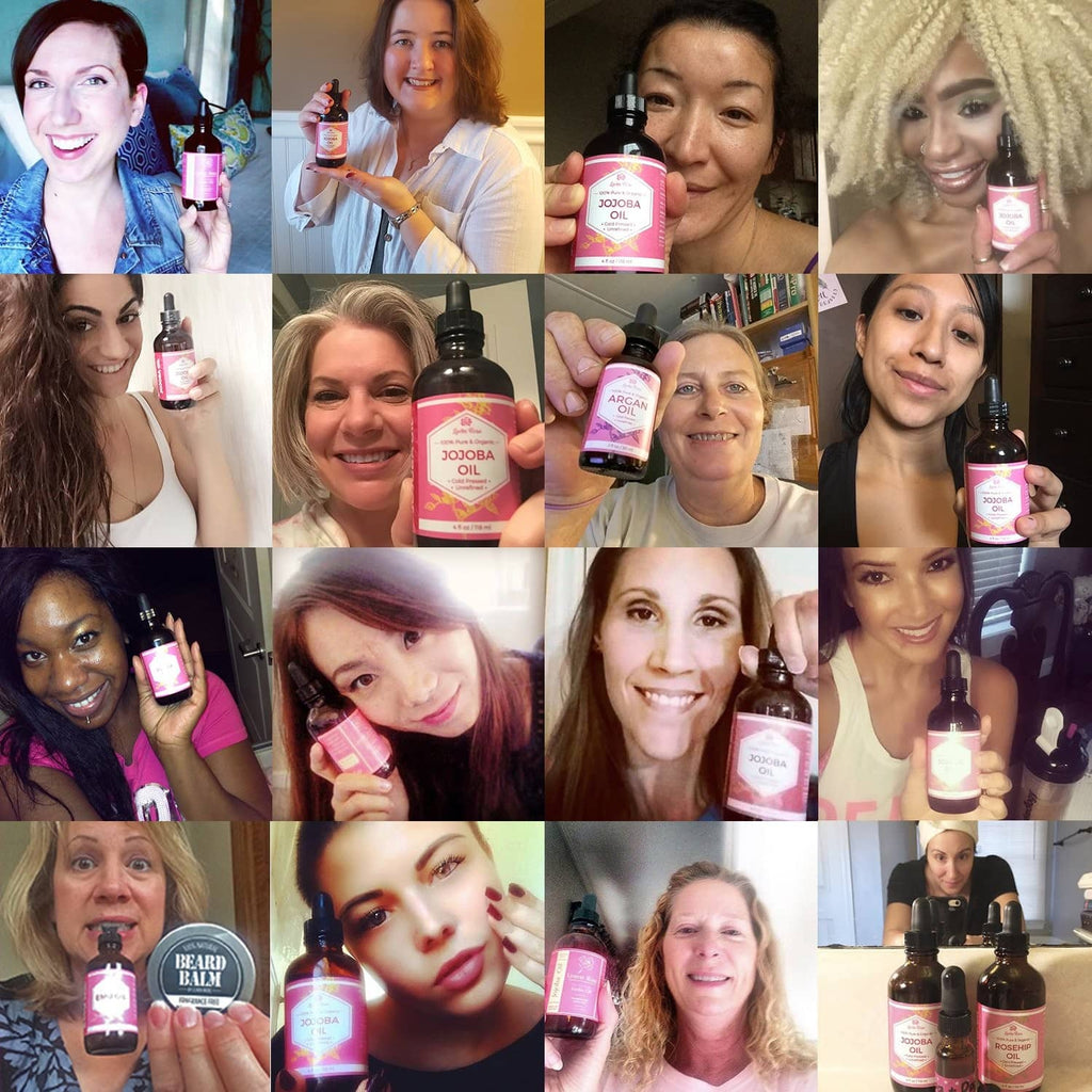 People applying skincare products while holding small rose water toner bottles