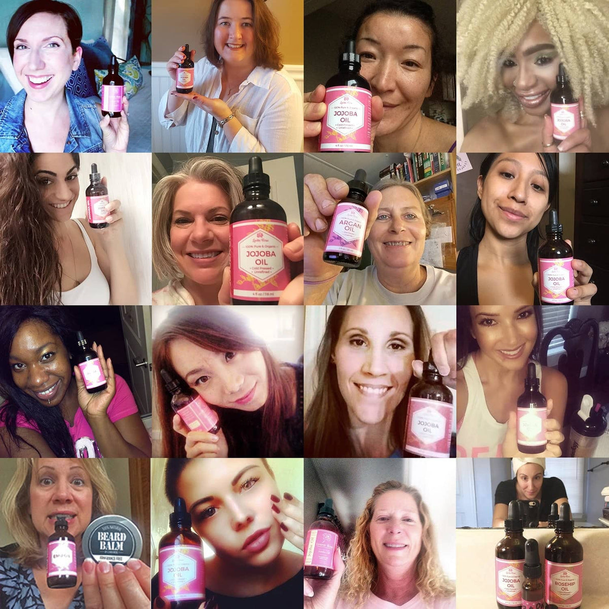 People applying skincare products while holding small rose water toner bottles