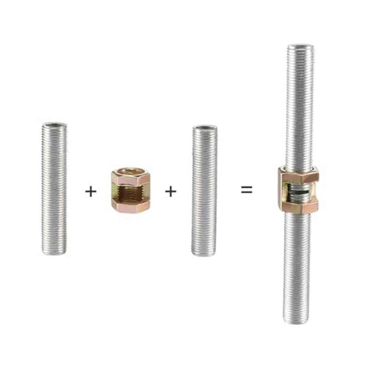 Hex coupling nut connects two threaded rods, zinc-plated steel, yellow-gold finish