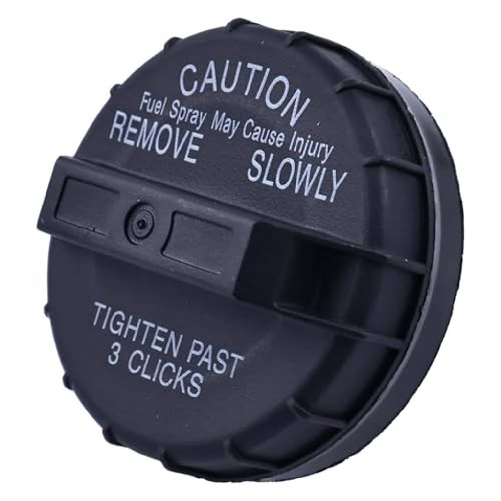 Black fuel tank gas cap with warning text and locking tabs