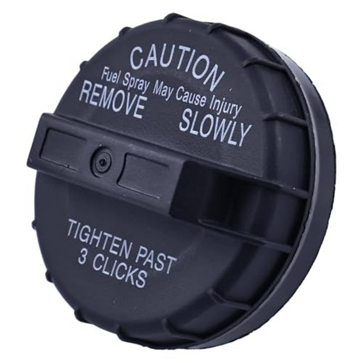 Black fuel tank gas cap with warning text and locking tabs