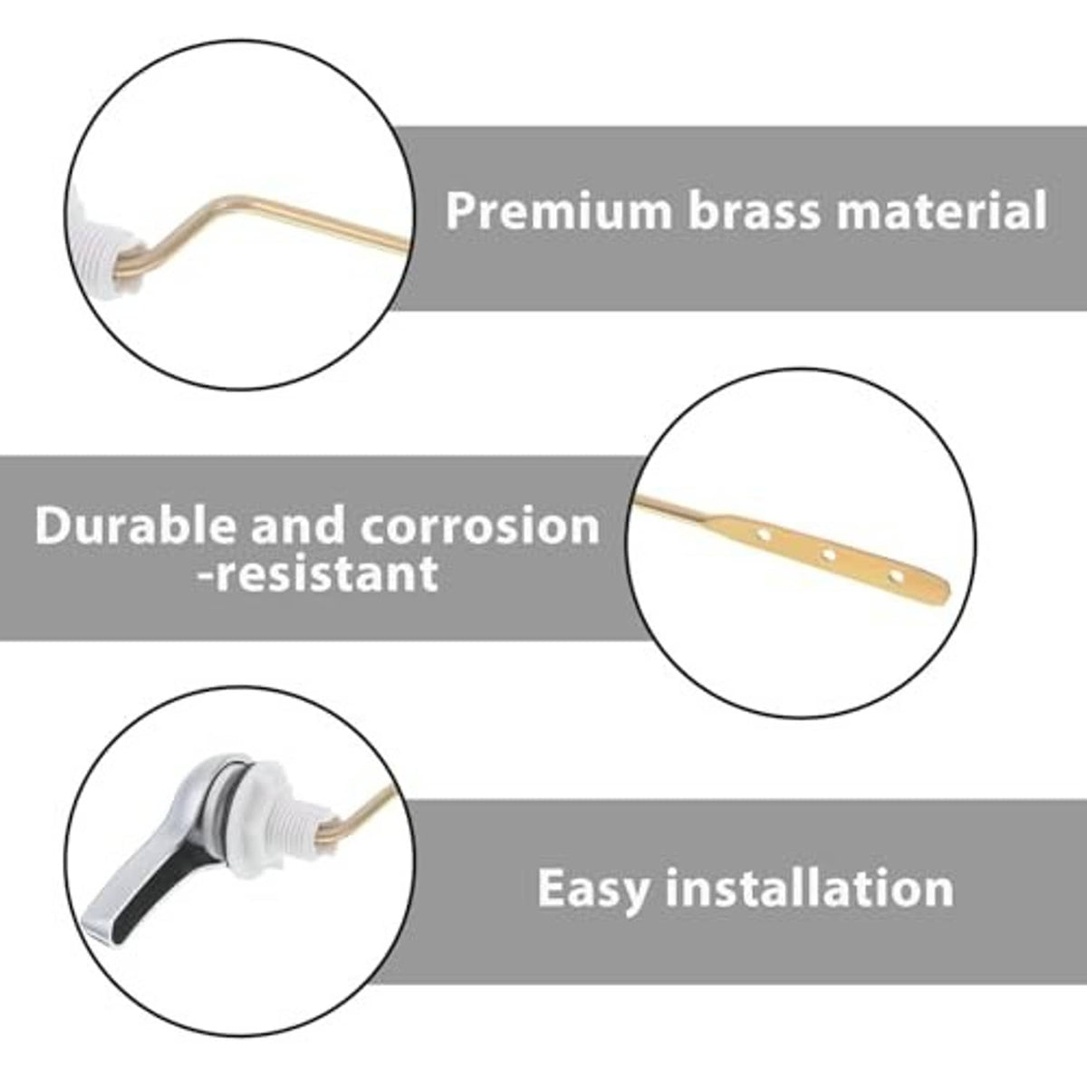 Toilet flush lever kit with white handle and brass arm for corrosion resistance
