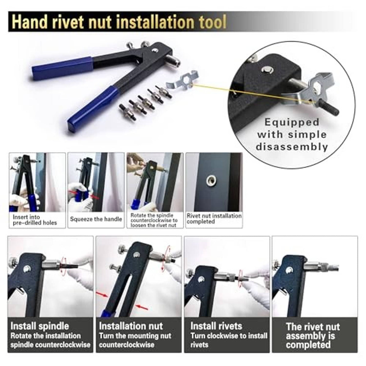 Hand rivet nut installation tool in blue and black with multiple steel adapters and pins