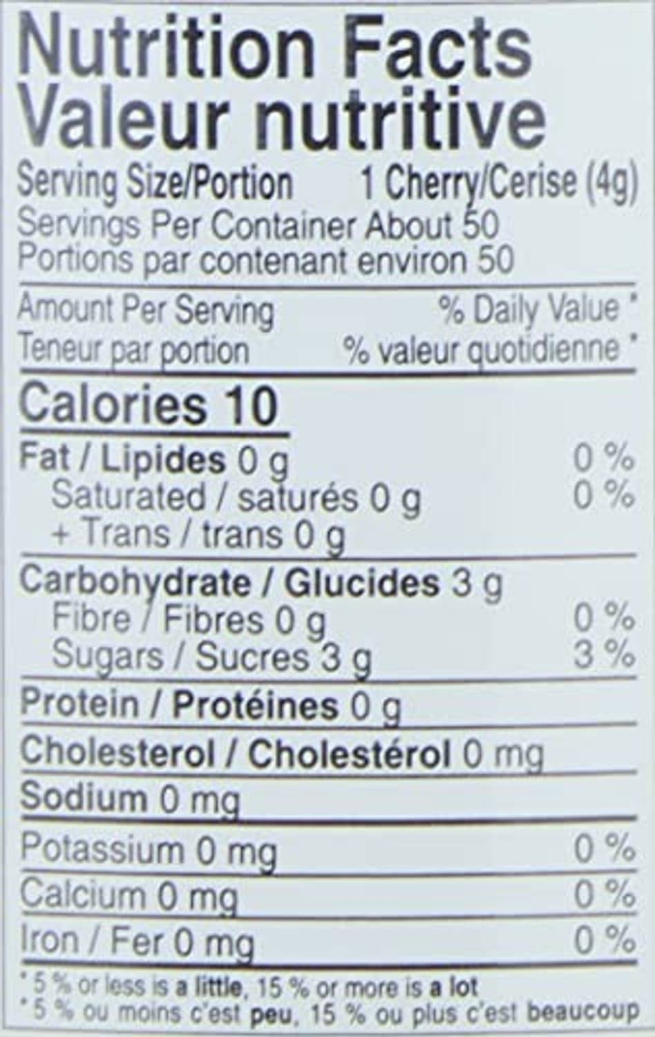 Maraschino cherries nutrition facts panel on back of Luxardo jar