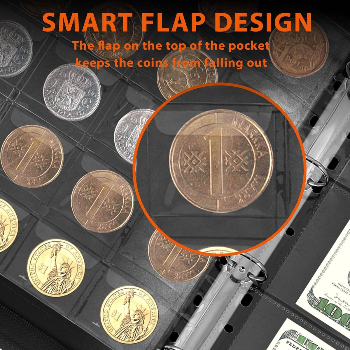 Coin album pocket with clear insert and flap design, coin binder rings visible.