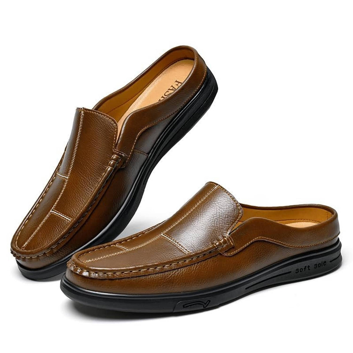 Men's brown leather slip-on mules with moc-toe stitching and low black outsole