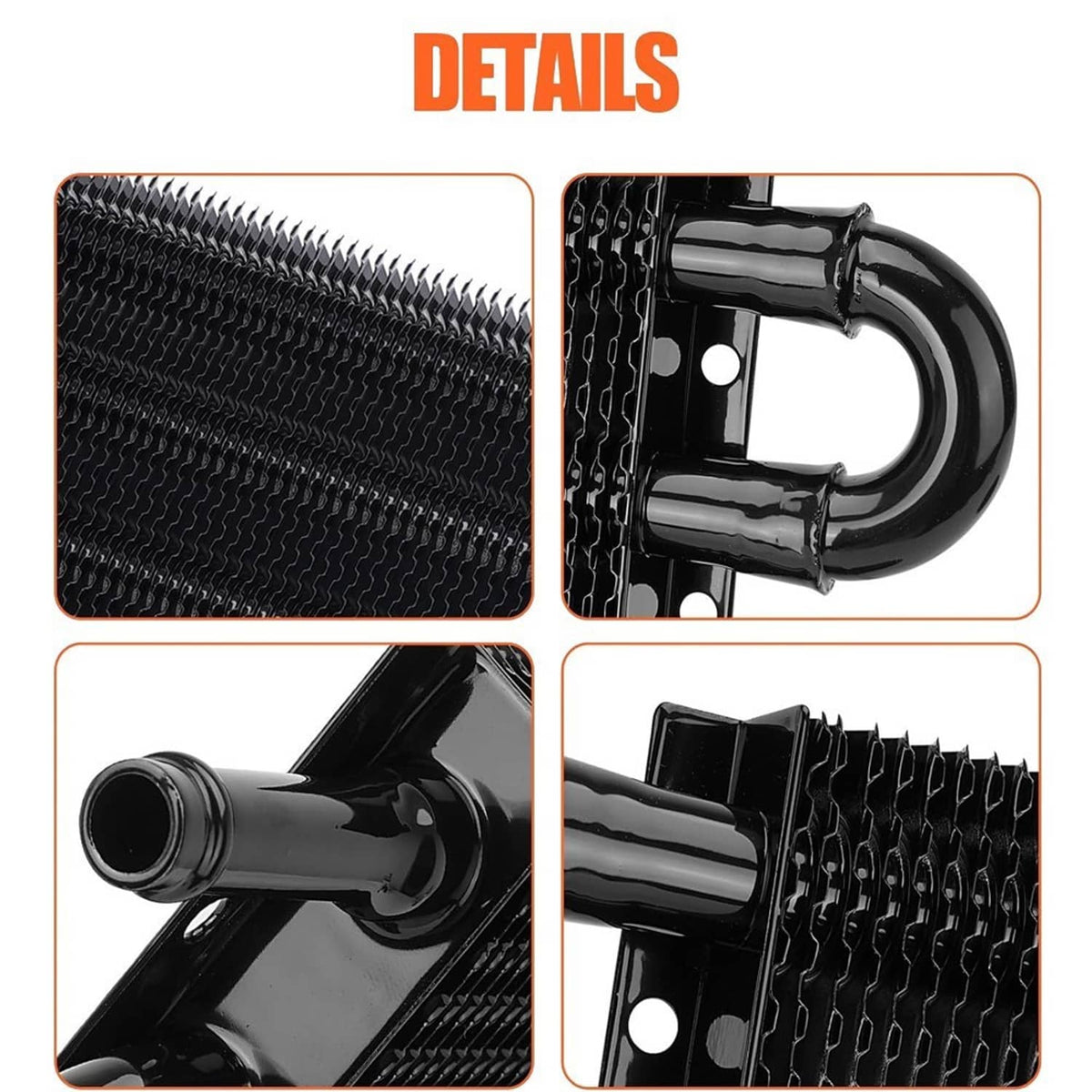 Black finned oil cooler radiator with curved end tanks and included mounting hardware