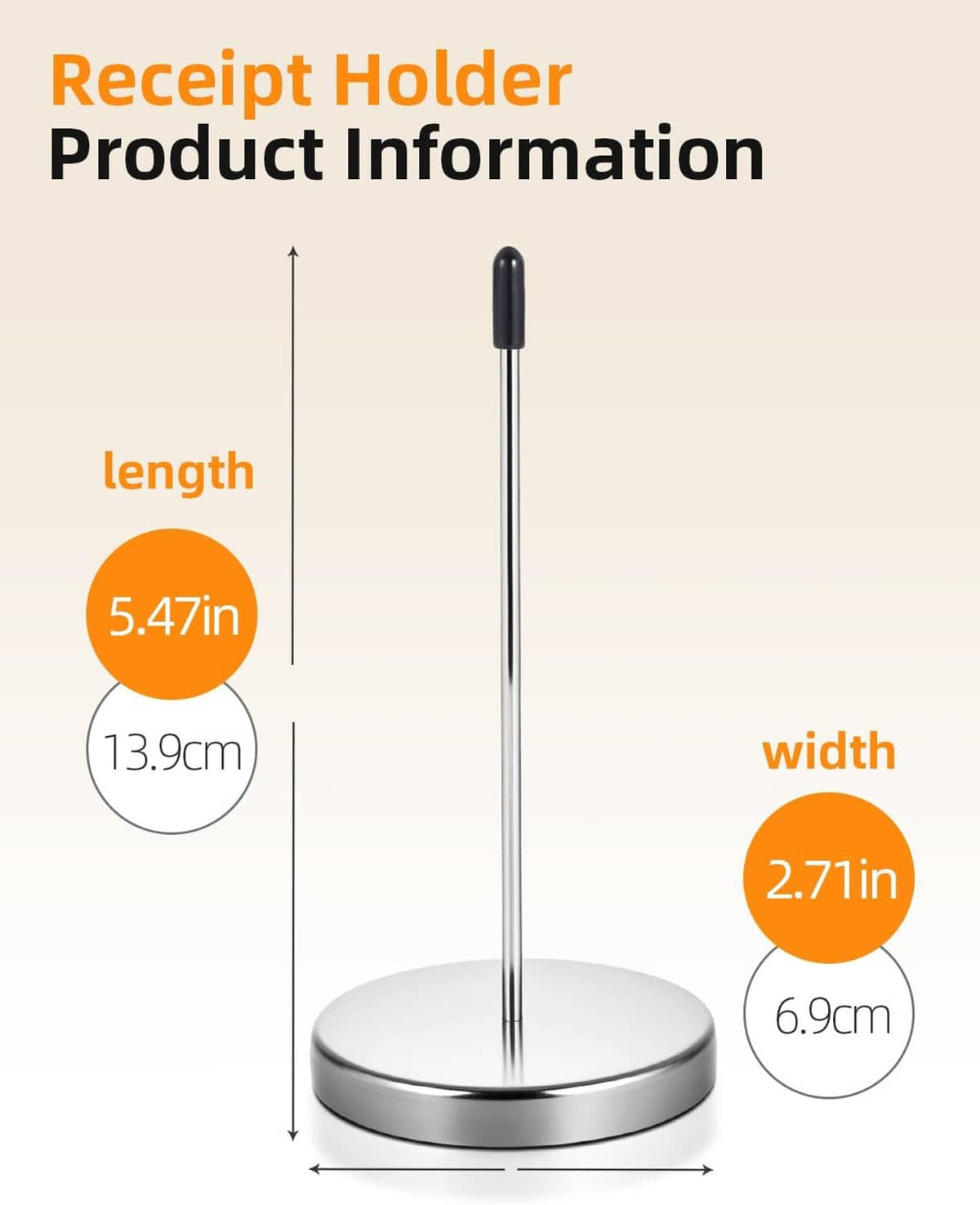 Stainless steel receipt holder stand on round base with measurement layout