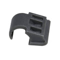 Black DTC angle restriction clip with curved arm and three notches, nylon insert.