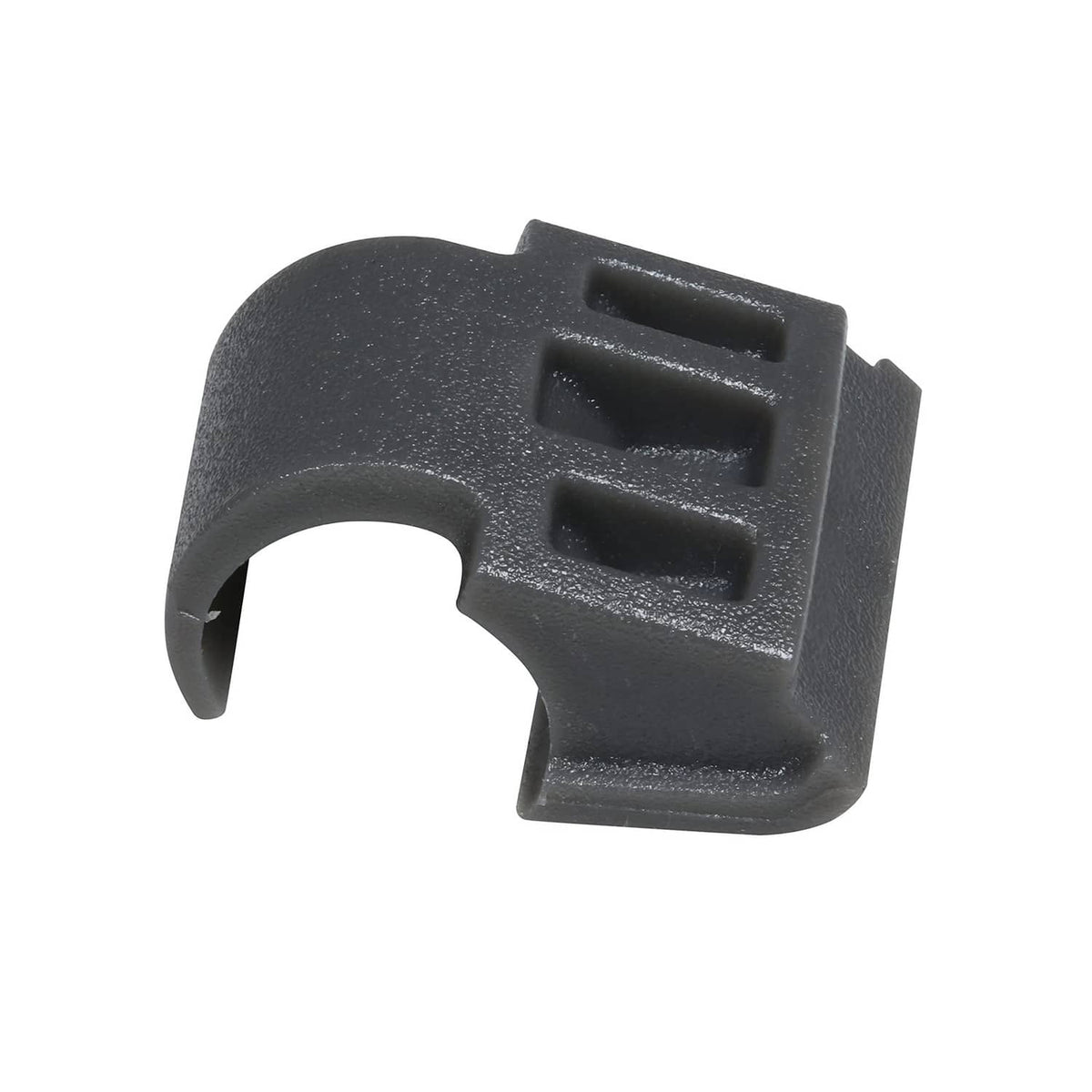 Black DTC angle restriction clip with curved arm and three notches, nylon insert.