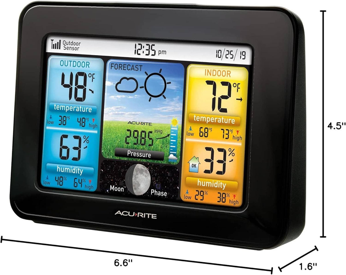 Wireless weather station color display with indoor/outdoor readouts and size measurement arrows