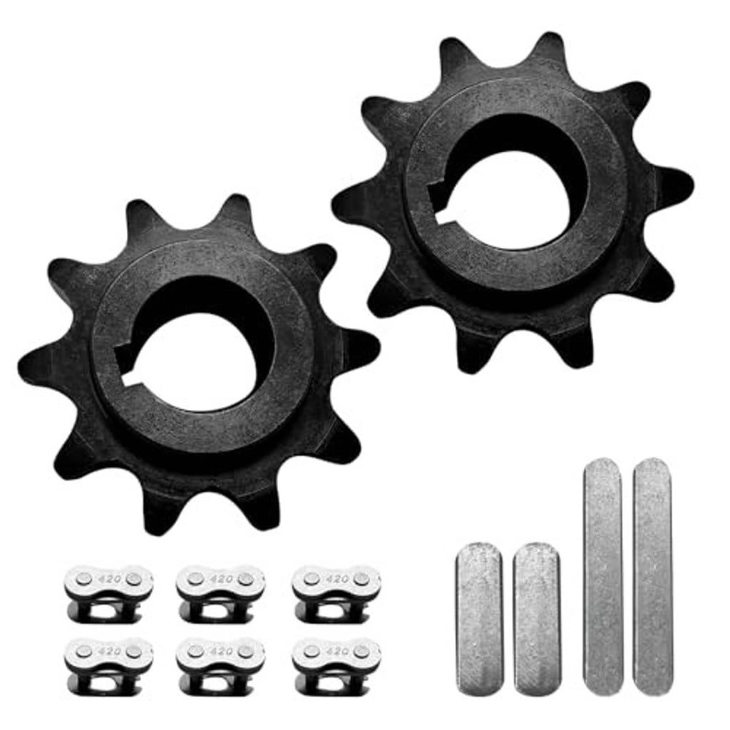 10-tooth chain front sprocket pair, dark gray steel, plus pins and key pieces