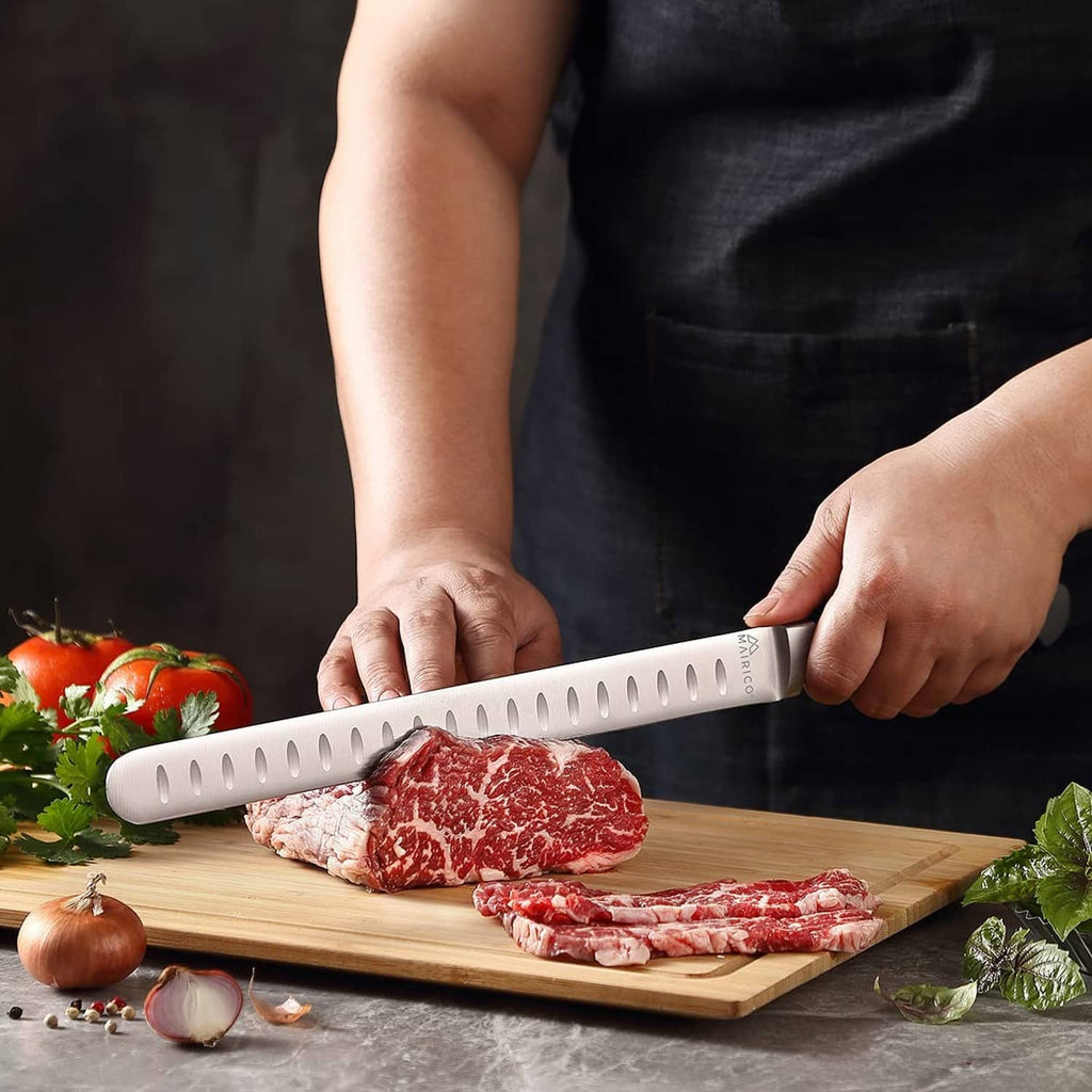 Mairico brisket slicing knife cutting steak on wooden board with black handle