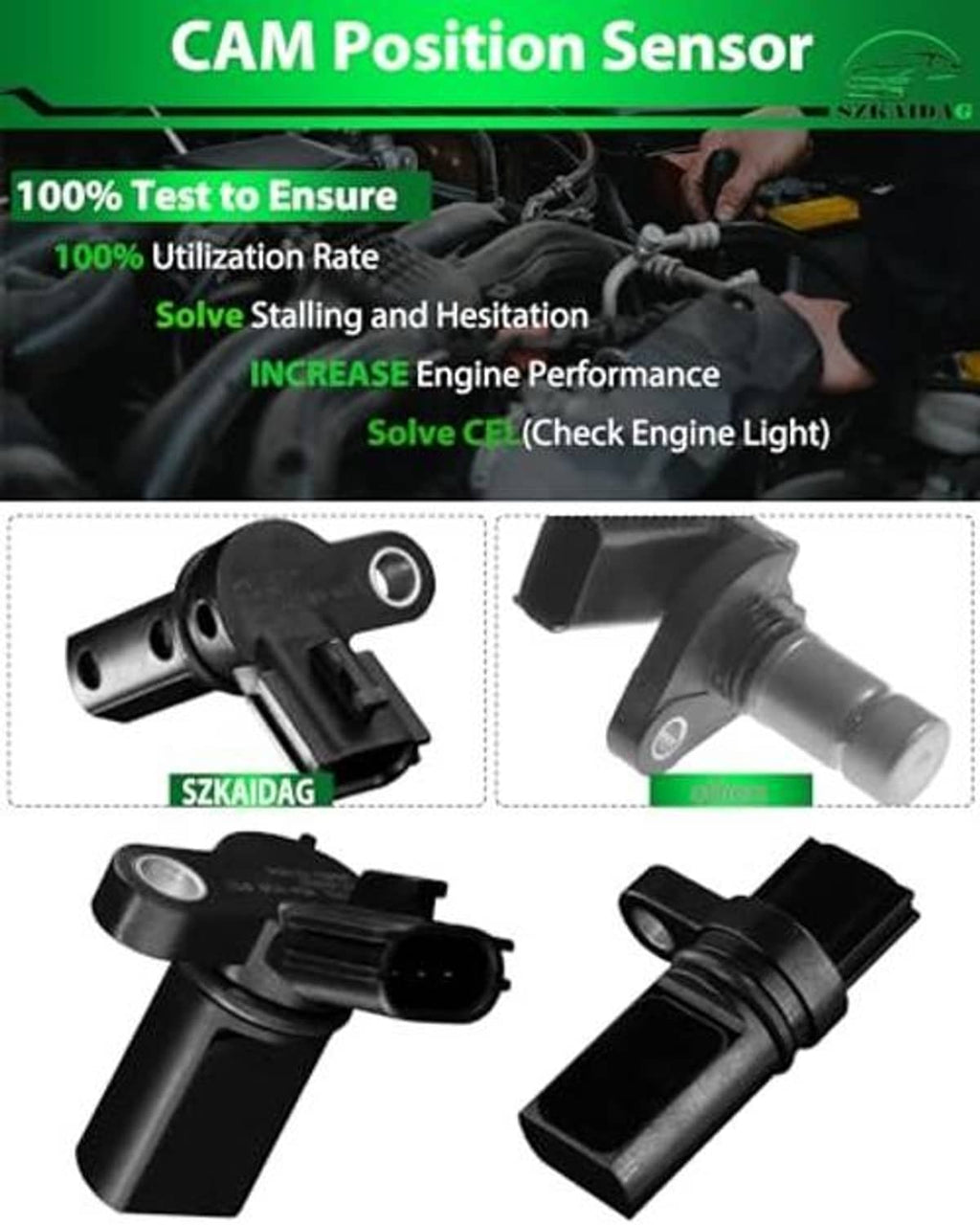 Camshaft position sensor shown from multiple angles, black plastic body