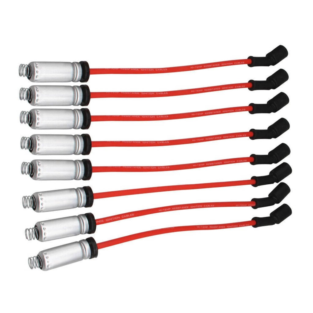 Ignition coil spark plug set with red wiring harness and black rubber boots