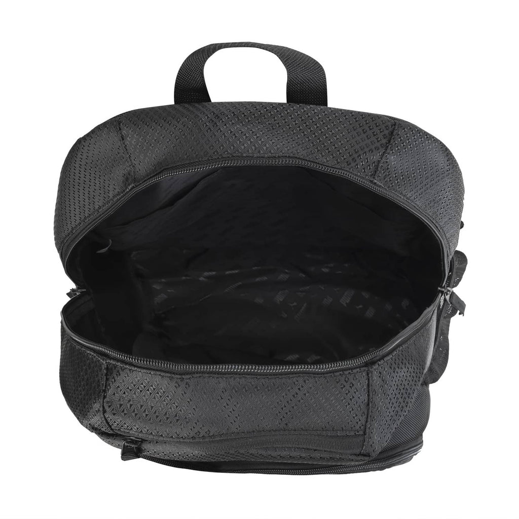 Puma Contender backpack open top showing dark interior pocket, black