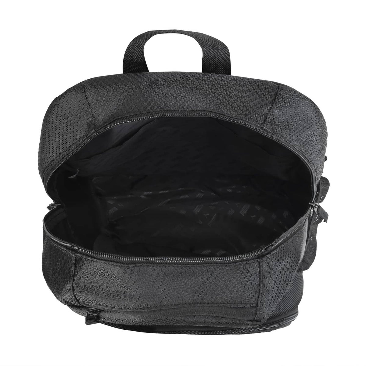 Puma Contender backpack open top showing dark interior pocket, black