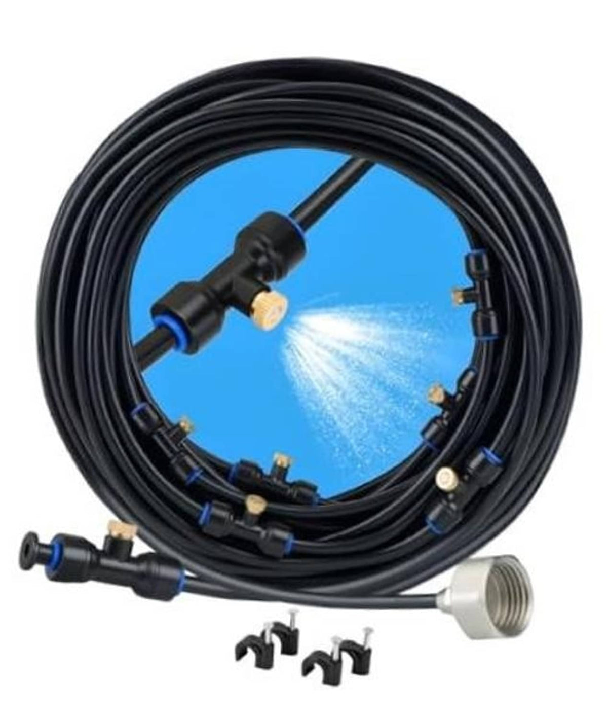 Outdoor misting system hose with brass mist nozzles and adapter, coiled black line