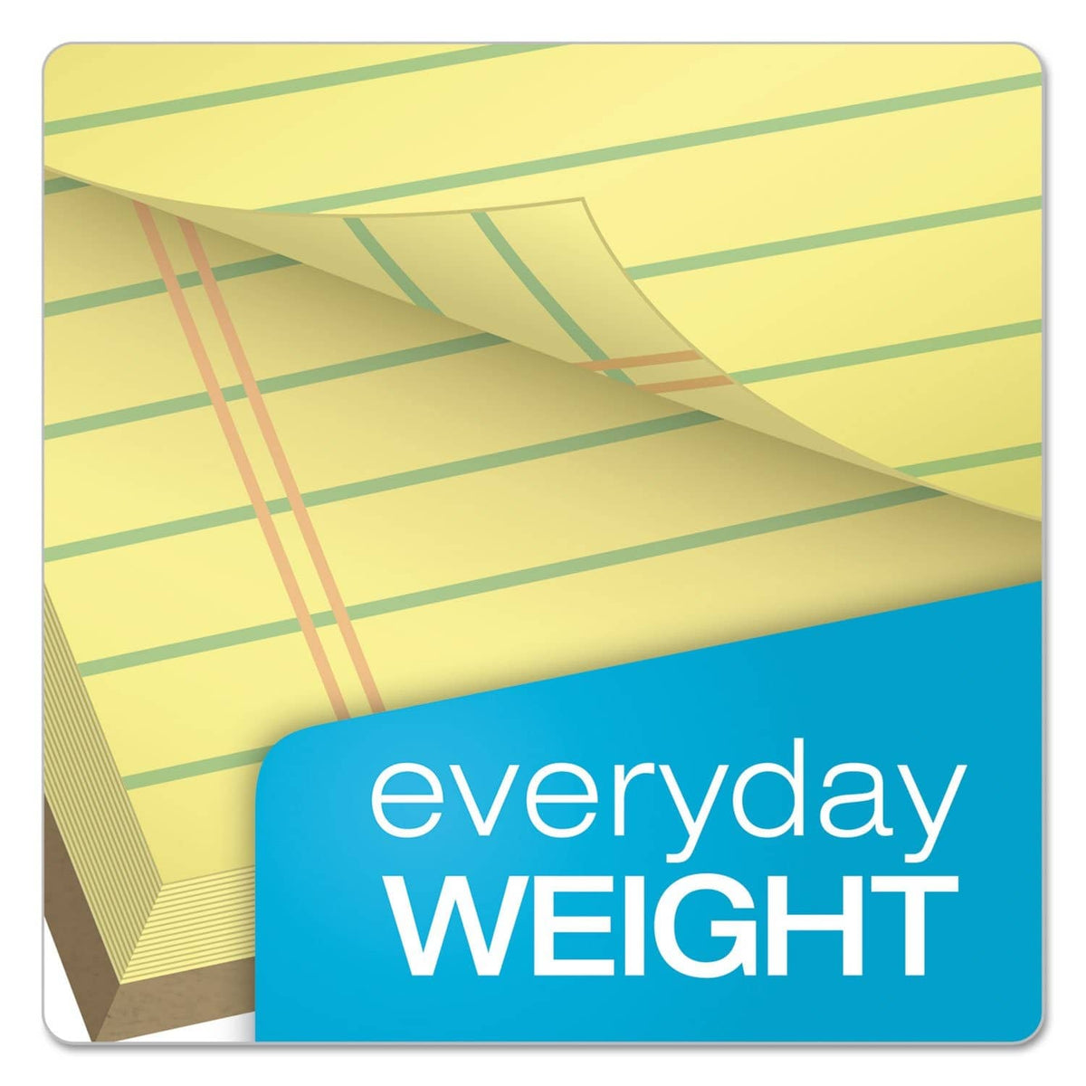 Canary yellow ruled notepad with blue label reading 'everyday WEIGHT'
