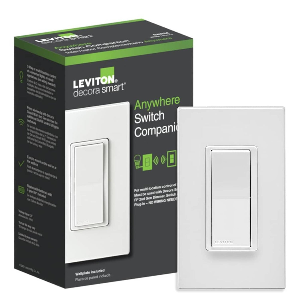 Leviton Decora smart switch companion in white with rectangular rocker wall plate