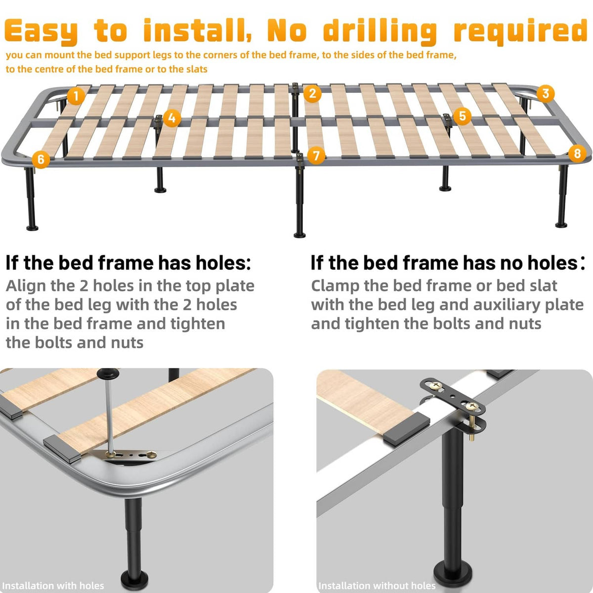 Bed frame support legs with mounting brackets and included bolts for installation