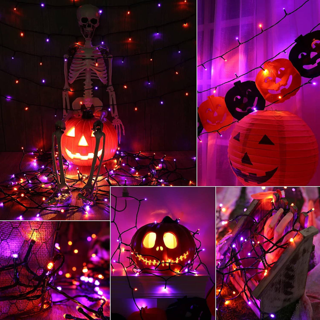 Halloween outdoor string lights with multicolor LED bulbs around skeleton and jack-o'-lantern decor