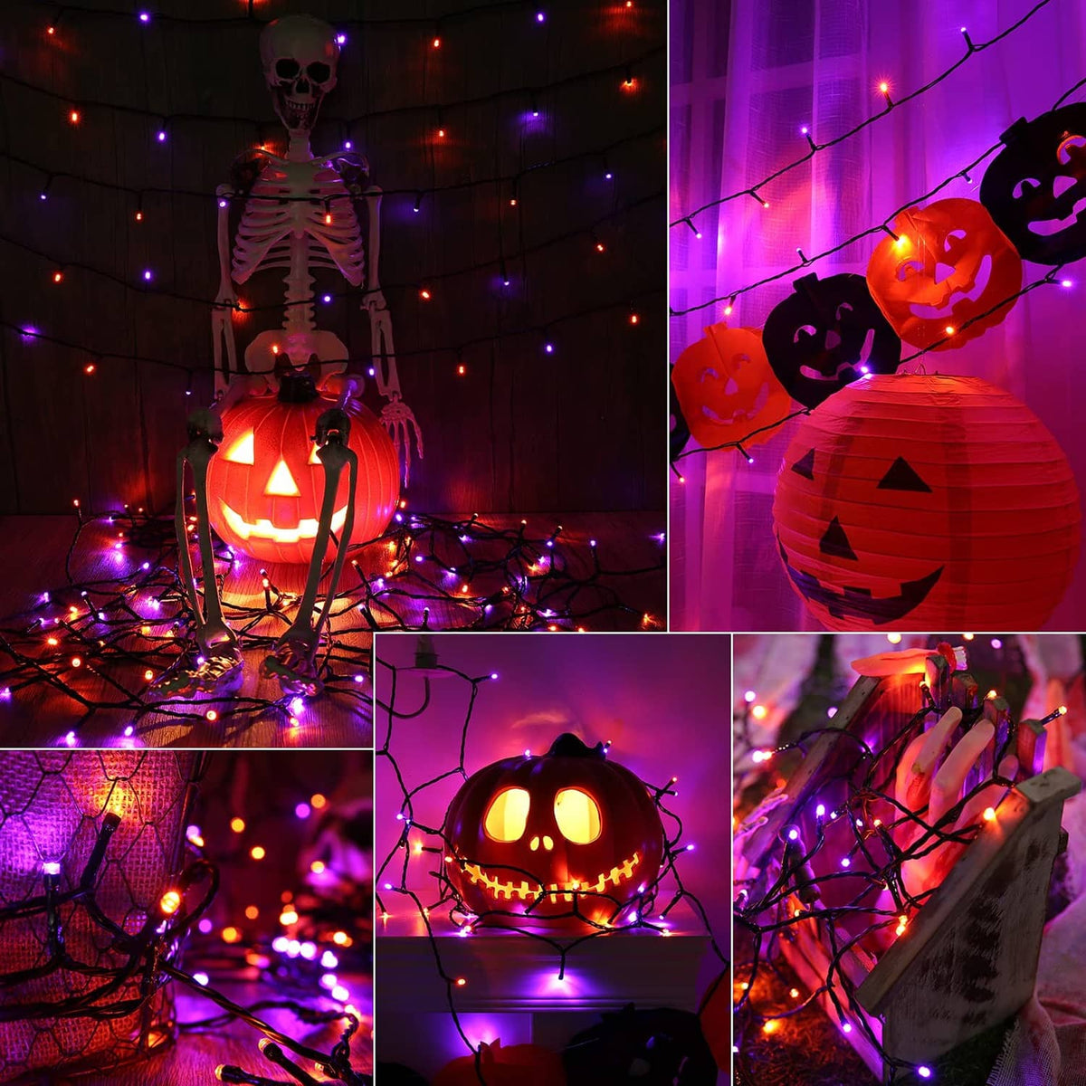 Halloween outdoor string lights with multicolor LED bulbs around skeleton and jack-o'-lantern decor