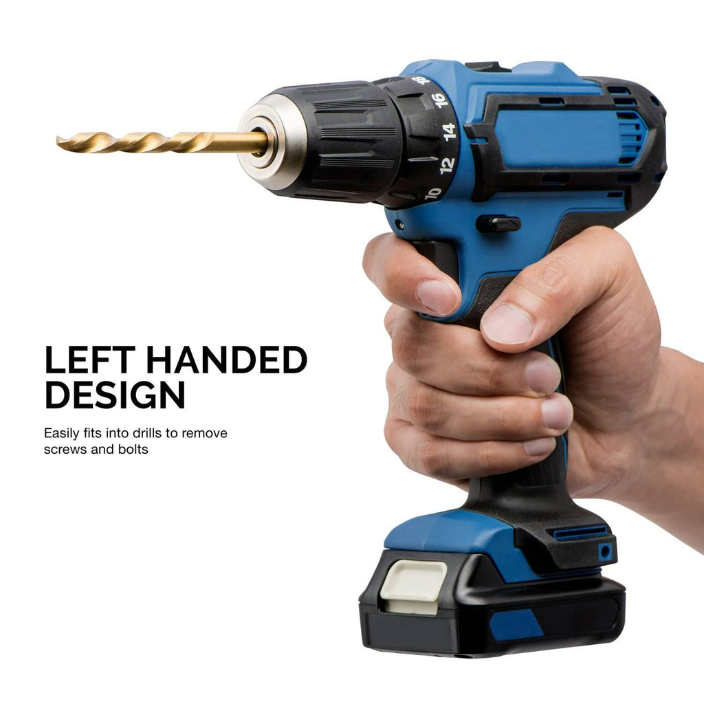 Left-hand drill bit set used with a blue drill, showing a gold bit tip