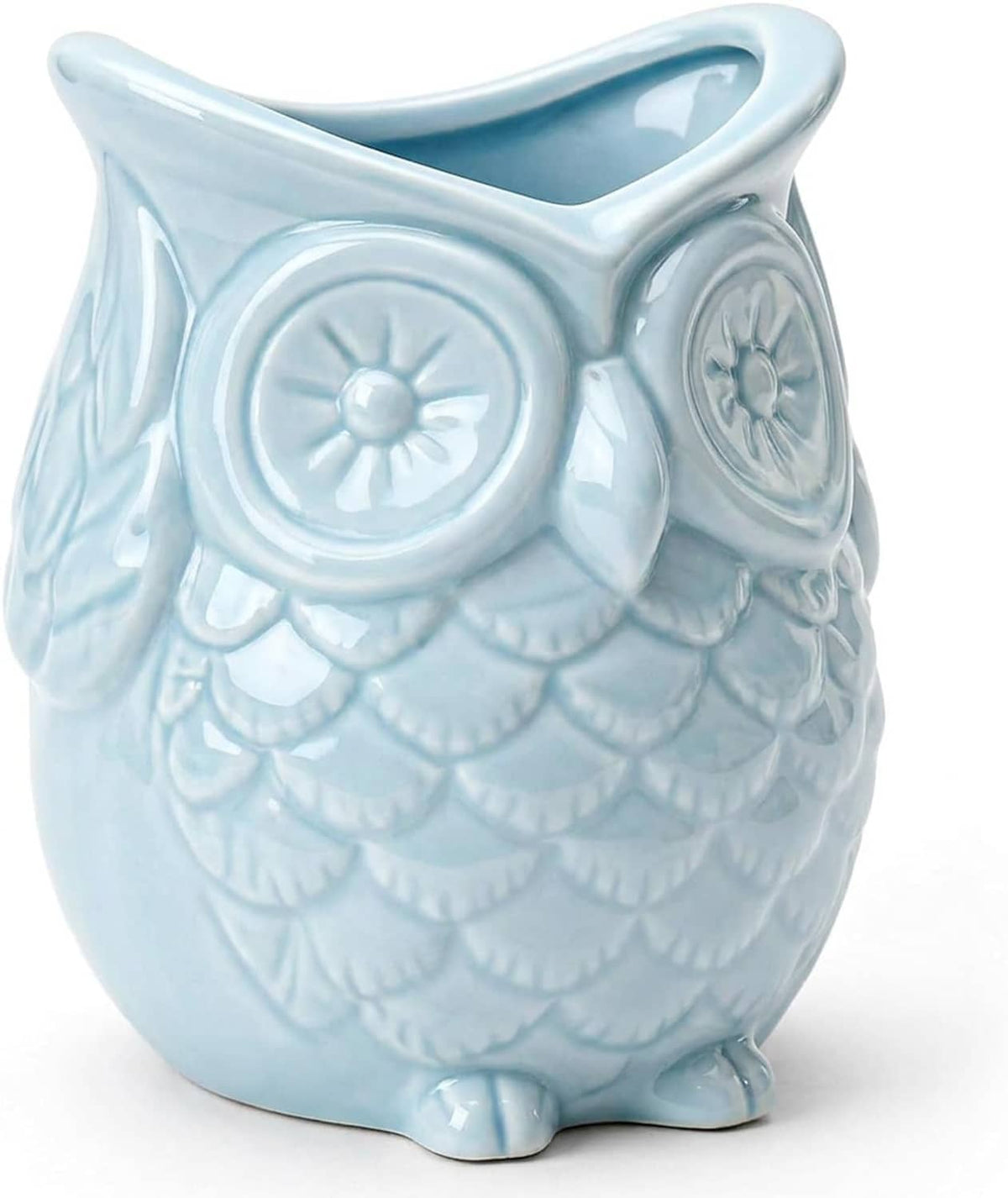 Light blue glazed ceramic owl pen cup with embossed flower eyes and scalloped feathers