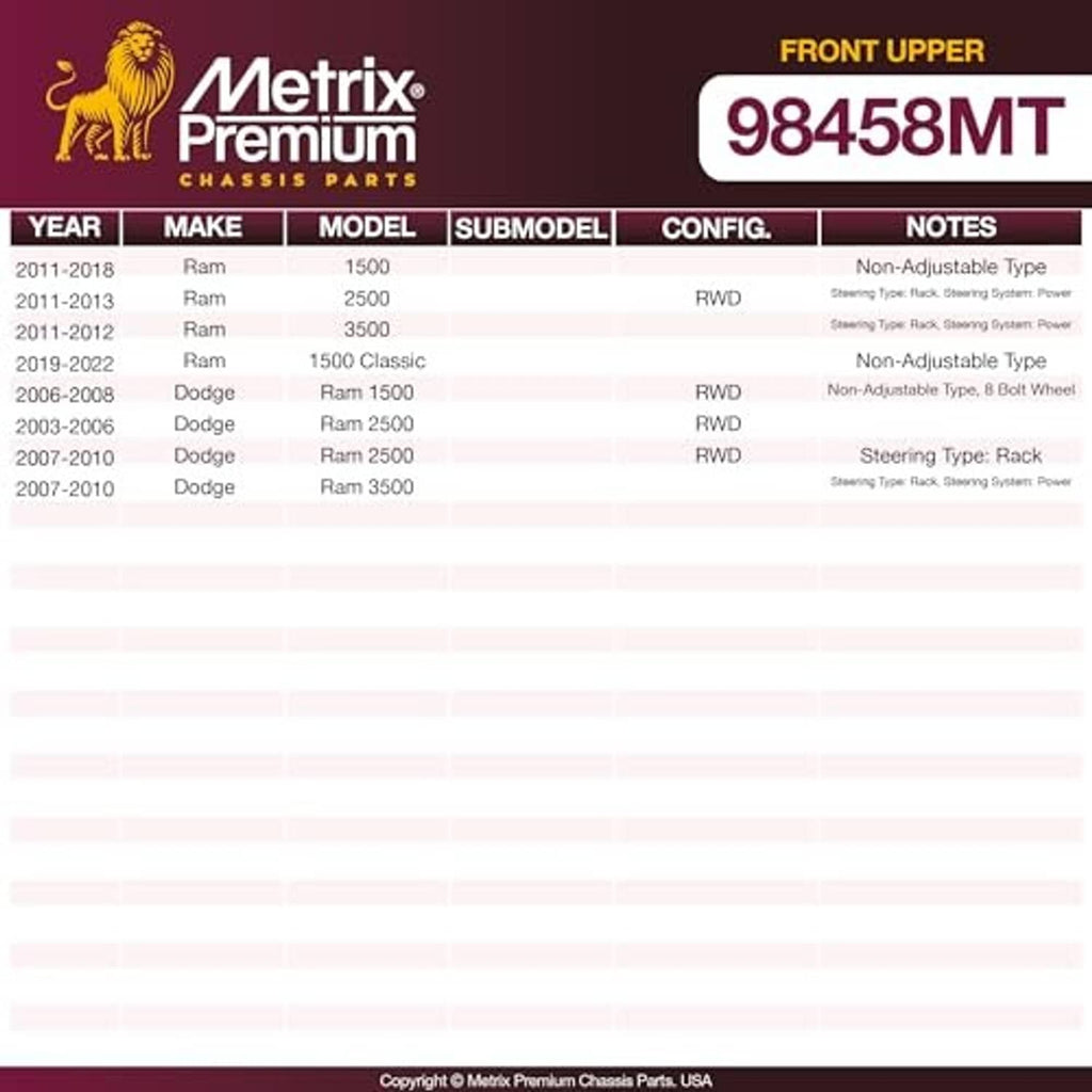 Front upper ball joints fitment chart graphic with Metrix Premium and part number