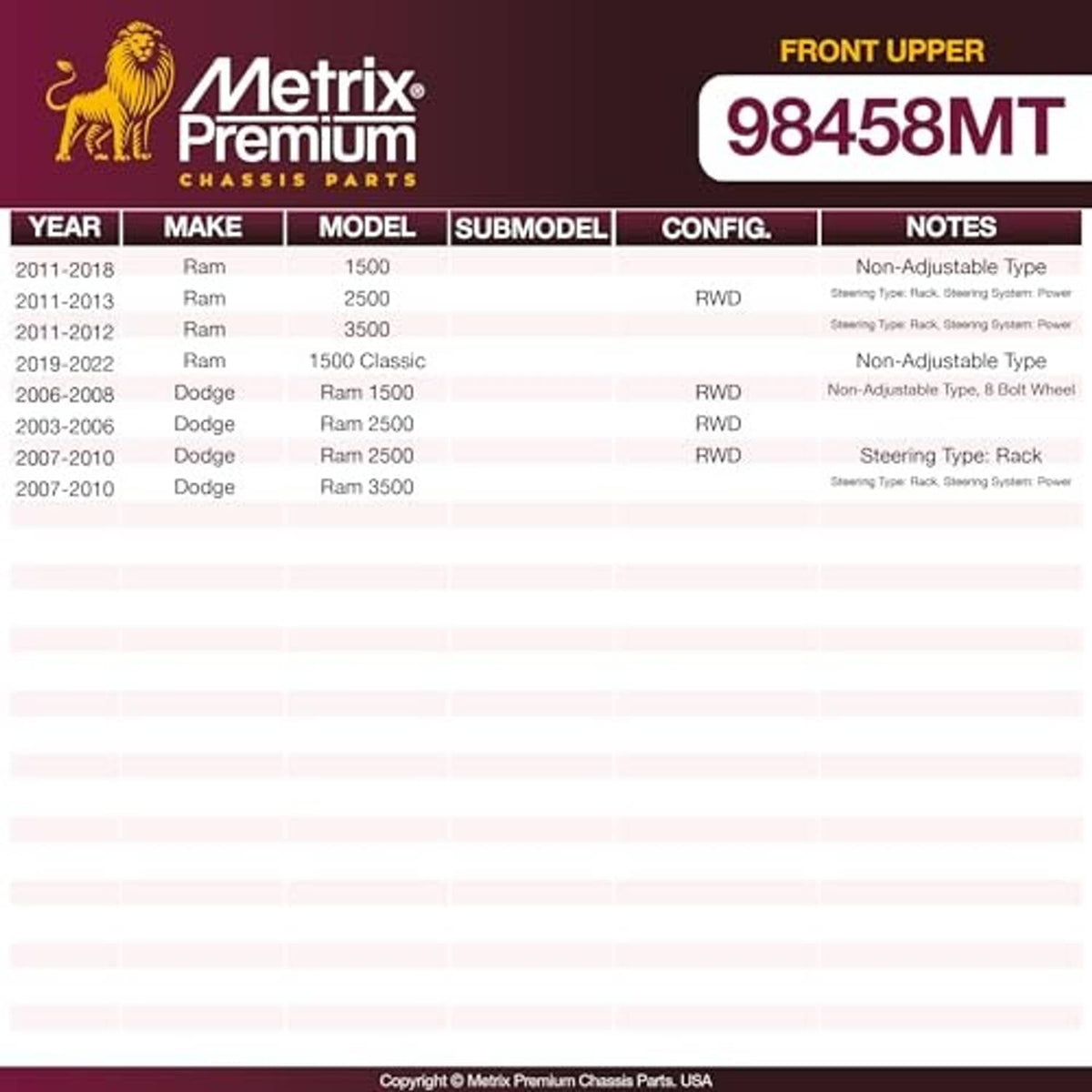 Front upper ball joints fitment chart graphic with Metrix Premium and part number