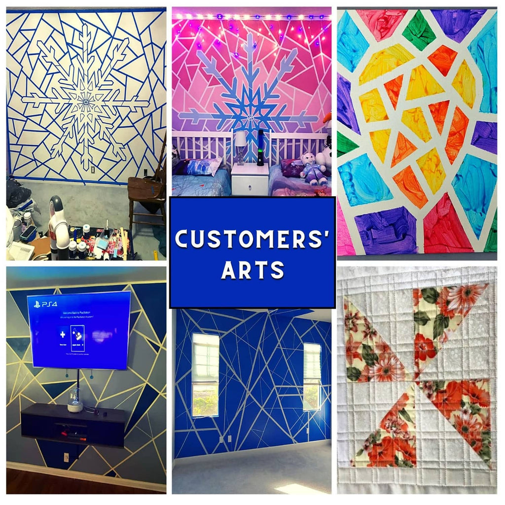 Blue painter's tape used to form geometric art patterns on walls and panels.